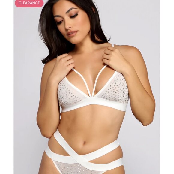 Windsor ✦ “Bring The Sparkle” Rhinestone Bralette & Panty Set ✦ White Mesh M NWT - Picture 3 of 3